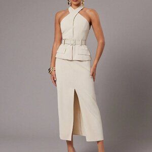 Apricot Elegant Women's Backless Halter Top And Skirt Suit